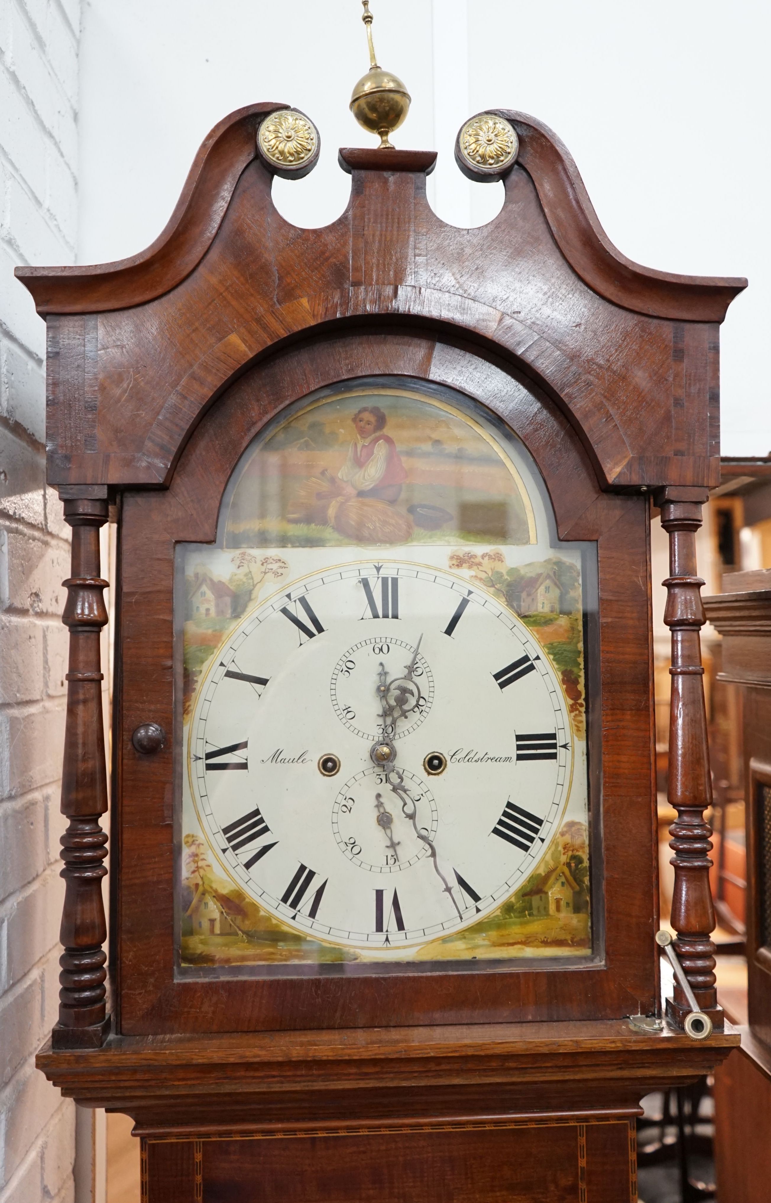 An early 19th century mahogany banded oak 8 day longcase clock, the painted dial marked Maule, Coldstream, height 232cm
